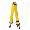 Arnés de seguridad para mascotas ajustable amarillo con correa negra y clip metálico.