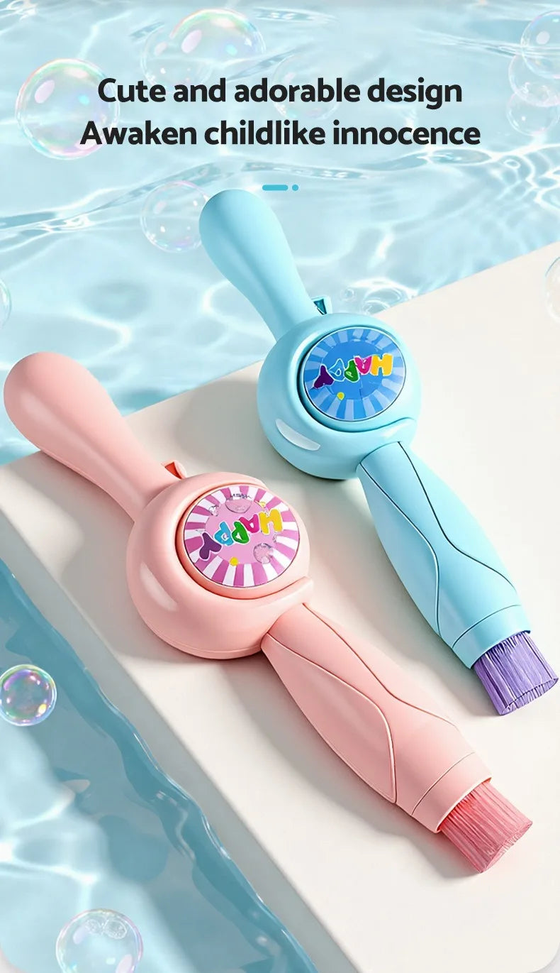 A pink and blue bubble wand is shown floating in water with a cute design.