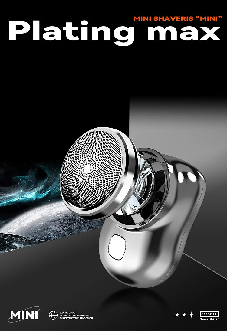 A close-up of a silver mini shaver with a mesh head is shown against a dark background.