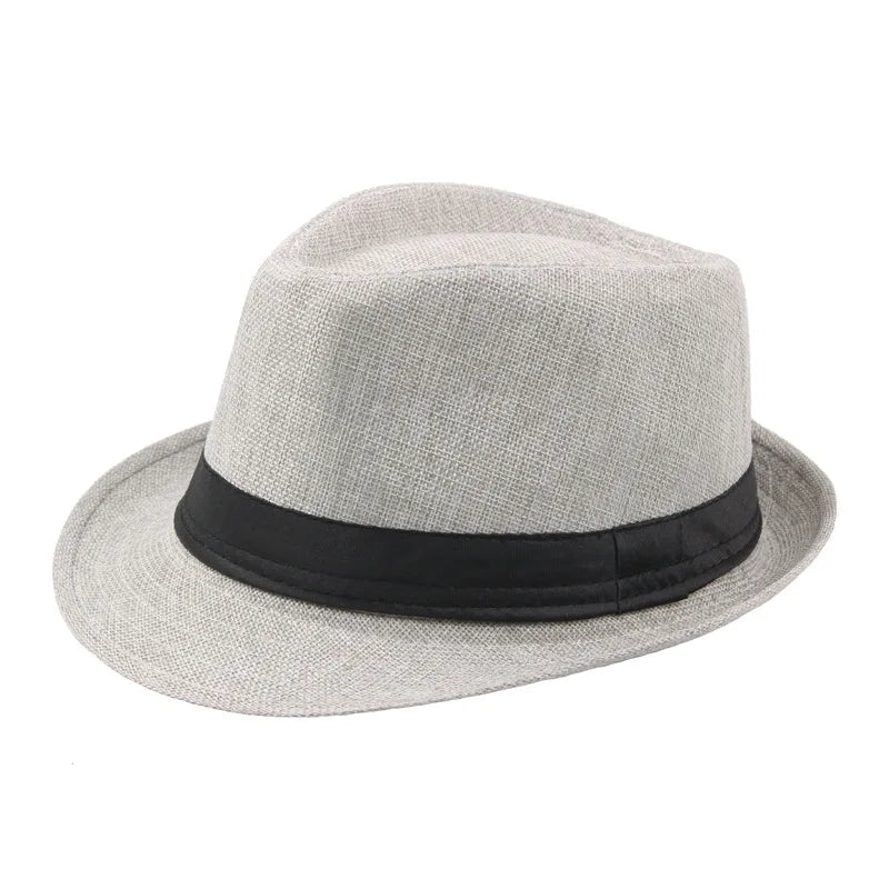 A light gray straw fedora hat with a black band and wide brim.
