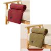 A maroon portable heated shawl or wearable electric blanket displayed on a wooden stand.