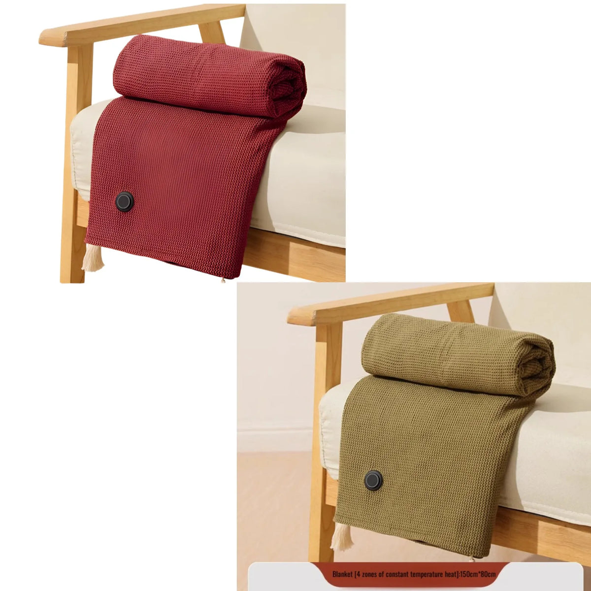 A maroon portable heated shawl or wearable electric blanket displayed on a wooden stand.