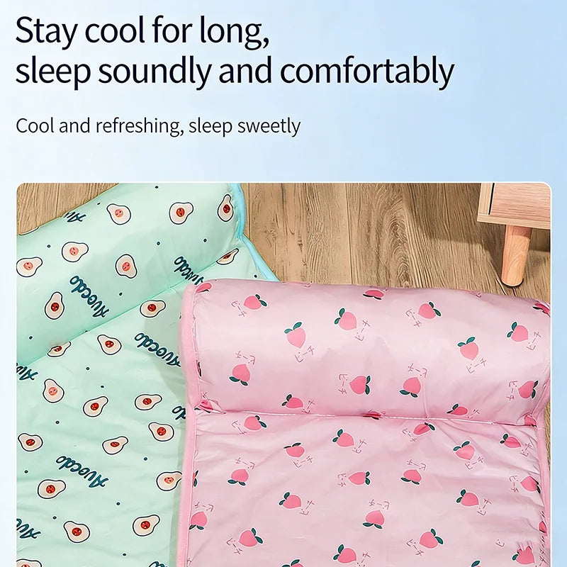 Pink and mint green ice silk pet cooling mat with a non-slip waterproof base