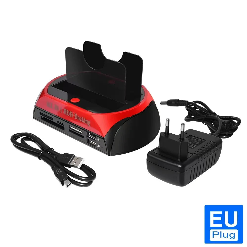 A red and black dual-bay hard drive docking station with a card reader and power cable.