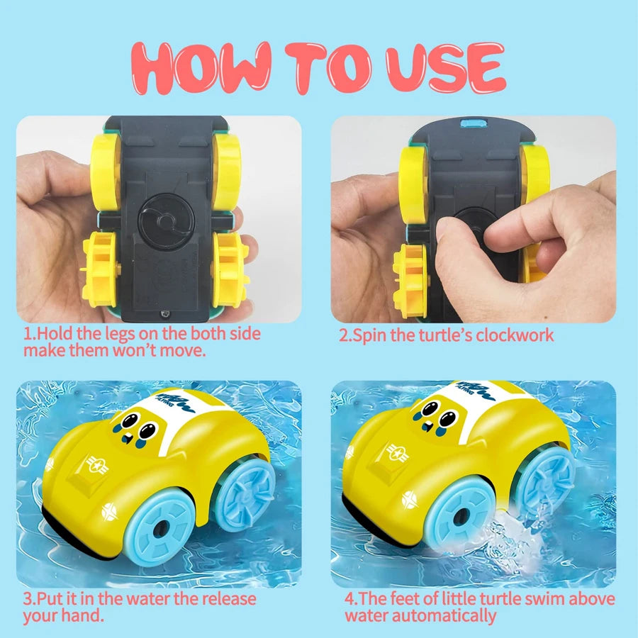 A set of four yellow and blue clockwork floating bath toys for toddlers being used in water.