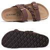 Brown women's slide sandals with cork footbeds and braided straps shown from the side and bottom.