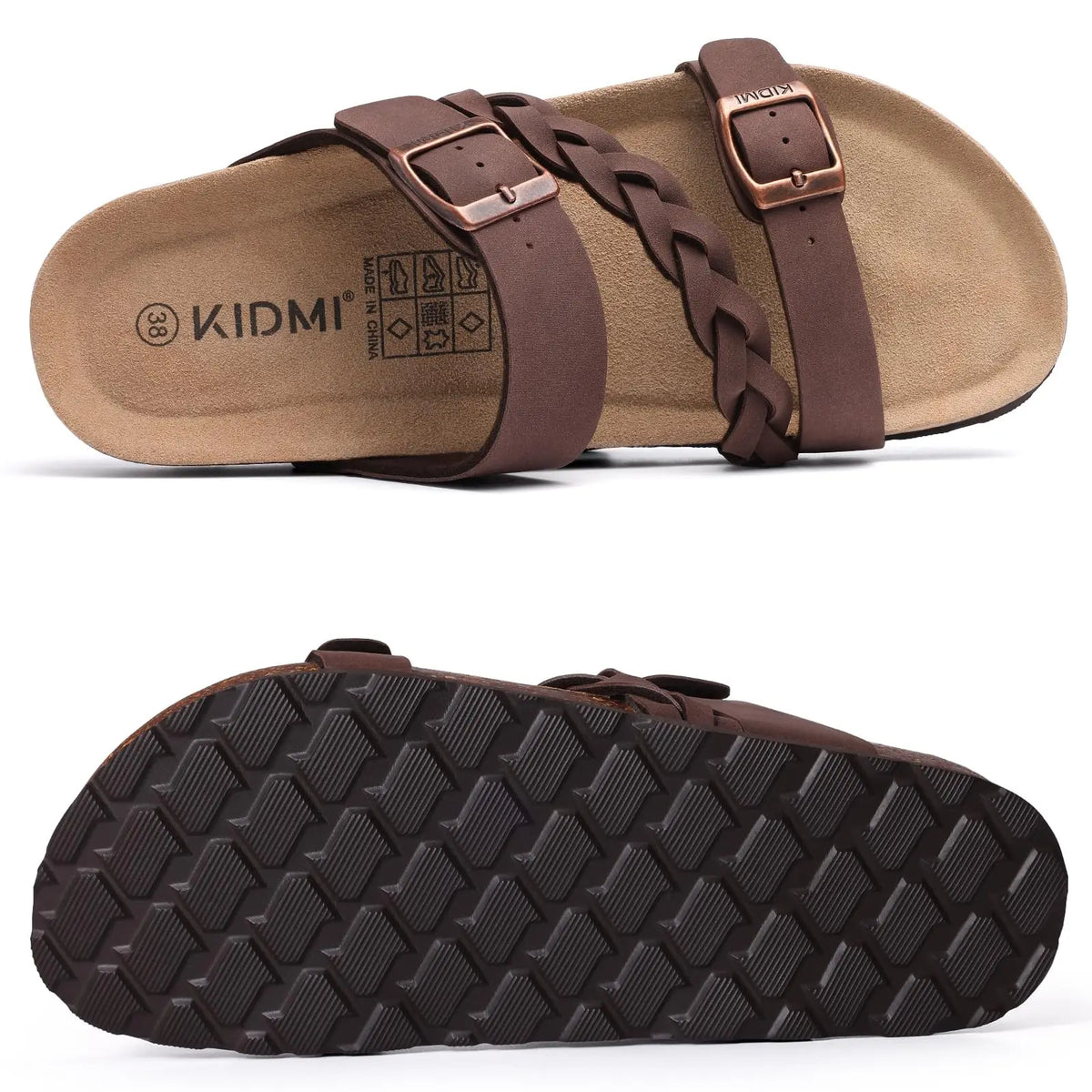 Brown women's slide sandals with cork footbeds and braided straps shown from the side and bottom.
