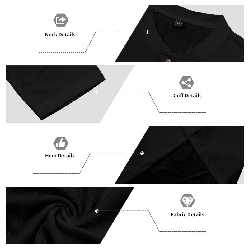 Detailed view of a black men's casual long-sleeve shirt showing neck, cuff, hem, and fabric details.