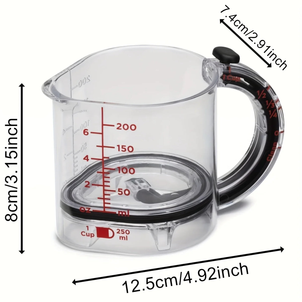 Clear plastic measuring cup with a black handle and scraper base, showing volume markings.
