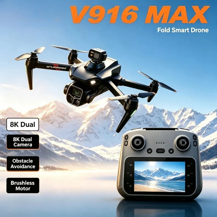 A black foldable drone with propellers is shown flying against a snowy mountain landscape, next to its remote controller.
