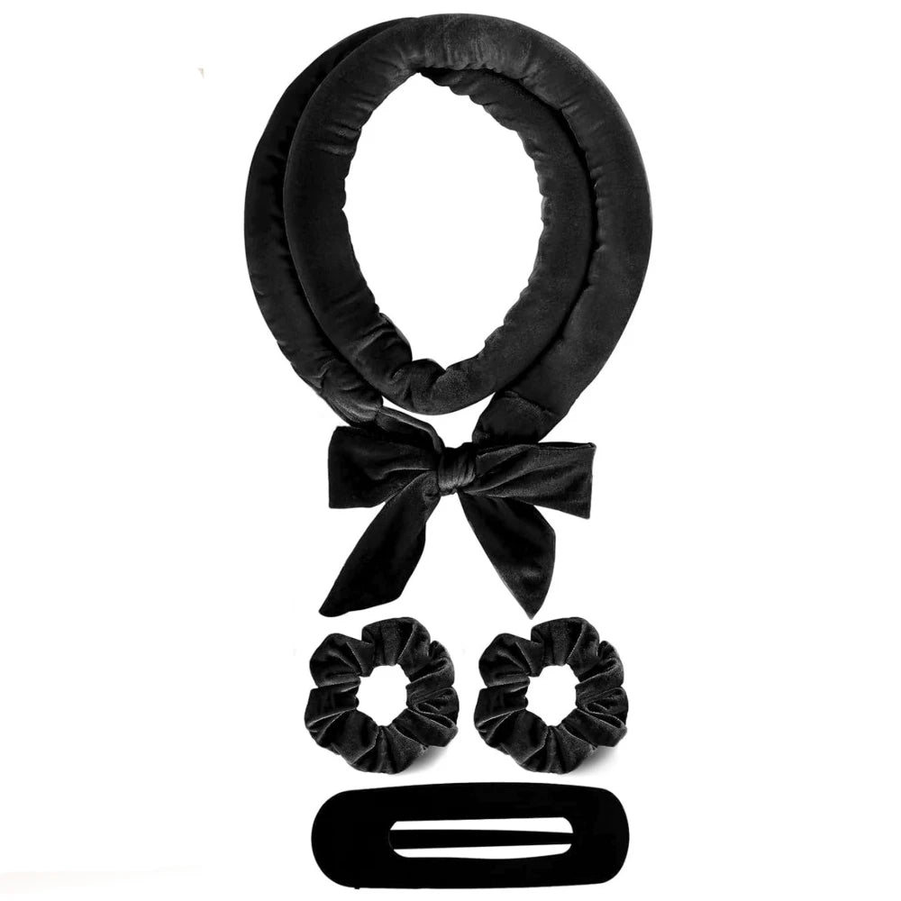 Black heatless overnight curling headband with a satin finish and a bow detail.