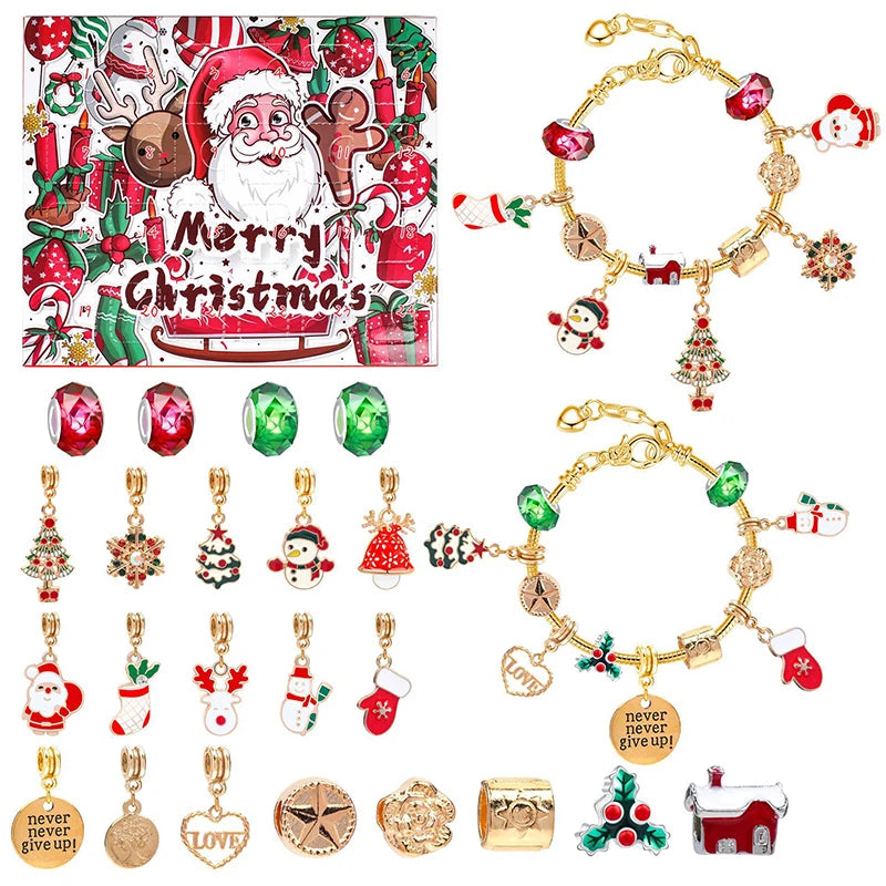 A set of 24-day Christmas countdown advent calendar with charm bracelets and ornaments.