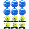 Et sett med gule tennisøvingsballer med svarte elastiske snorer og en blå individuell tennisøvingstrener.