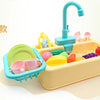 A yellow pretend play kitchen sink set with a blue faucet and various colorful plastic food items.