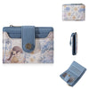 A light blue floral print women's wallet with a leather strap and card slots shown in multiple views.