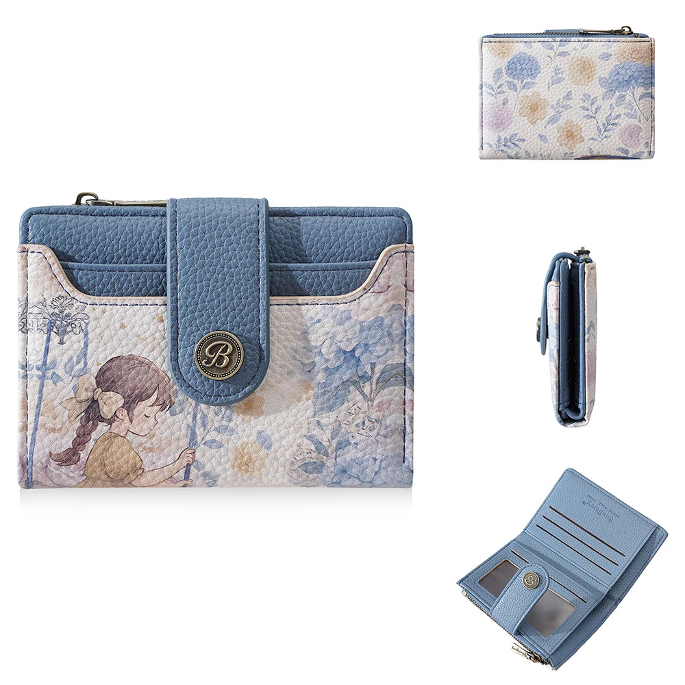 A light blue floral print women's wallet with a leather strap and card slots shown in multiple views.