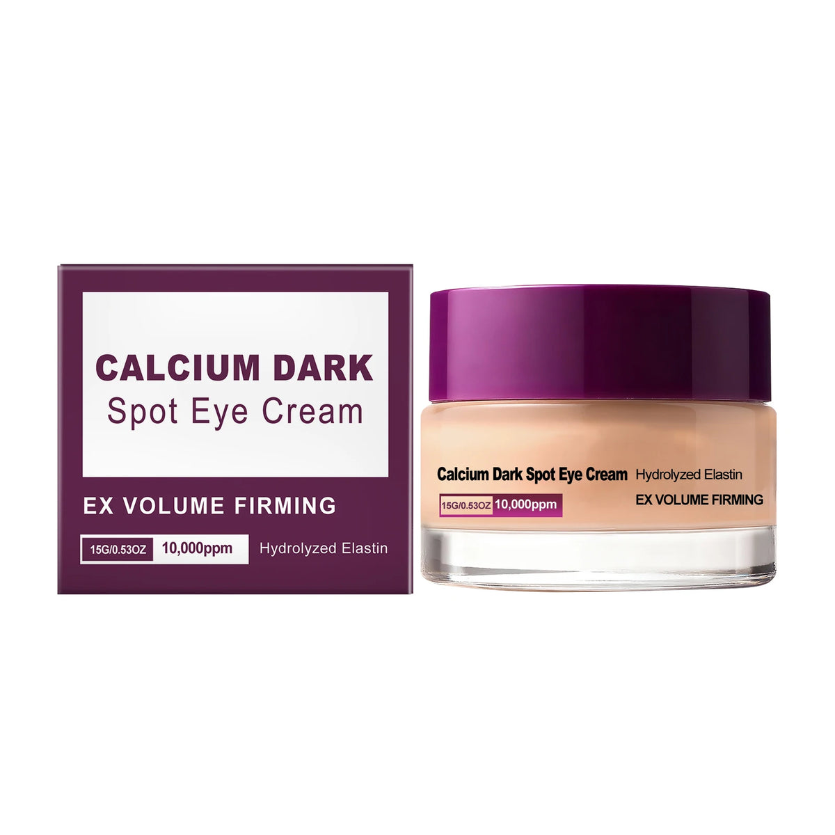 Jar of Calcium Dark Spot Eye Cream with purple lid and pink product, labeled for Ex Volume Firming