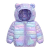 A purple iridescent kids' hooded down jacket with a quilted texture.