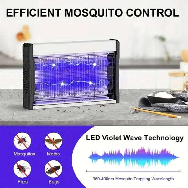 A white and black electric mosquito killer lamp with a blue LED violet wave light trap is displayed on a gray surface.