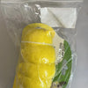 A yellow bug-shaped squeaky dog chew toy is visible inside a clear plastic bag.