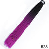 A long, pre-braided ponytail extension featuring a gradient color transition from black to vibrant purple.