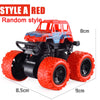 A red pull-back stunt SUV toy car with large tires shown from the side.