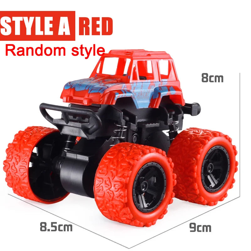 A red pull-back stunt SUV toy car with large tires shown from the side.