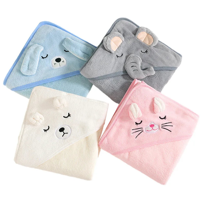 Three adorable animal hooded baby bath towels in blue, gray, and pink.