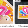 A wooden puzzle showing a dinosaur shape made of interlocking pieces, next to the completed puzzle.