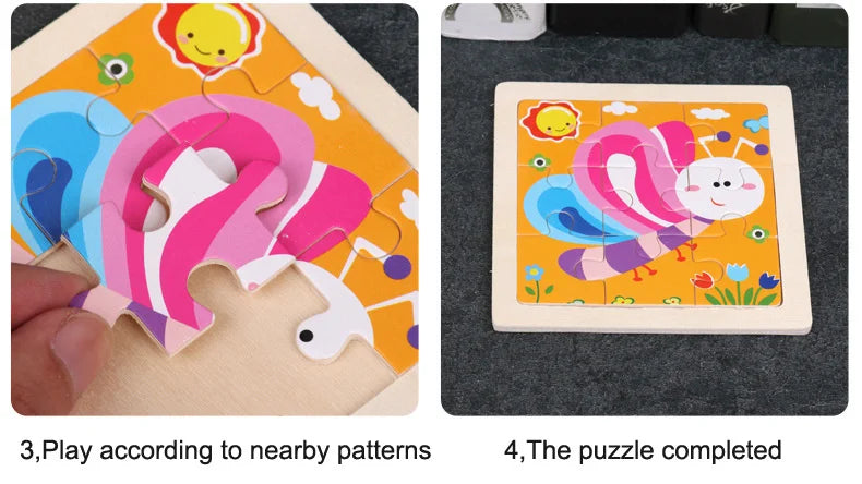 A wooden puzzle showing a dinosaur shape made of interlocking pieces, next to the completed puzzle.