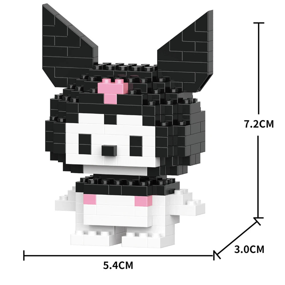 A black and white micro building block figurine of a dog with pink accents.