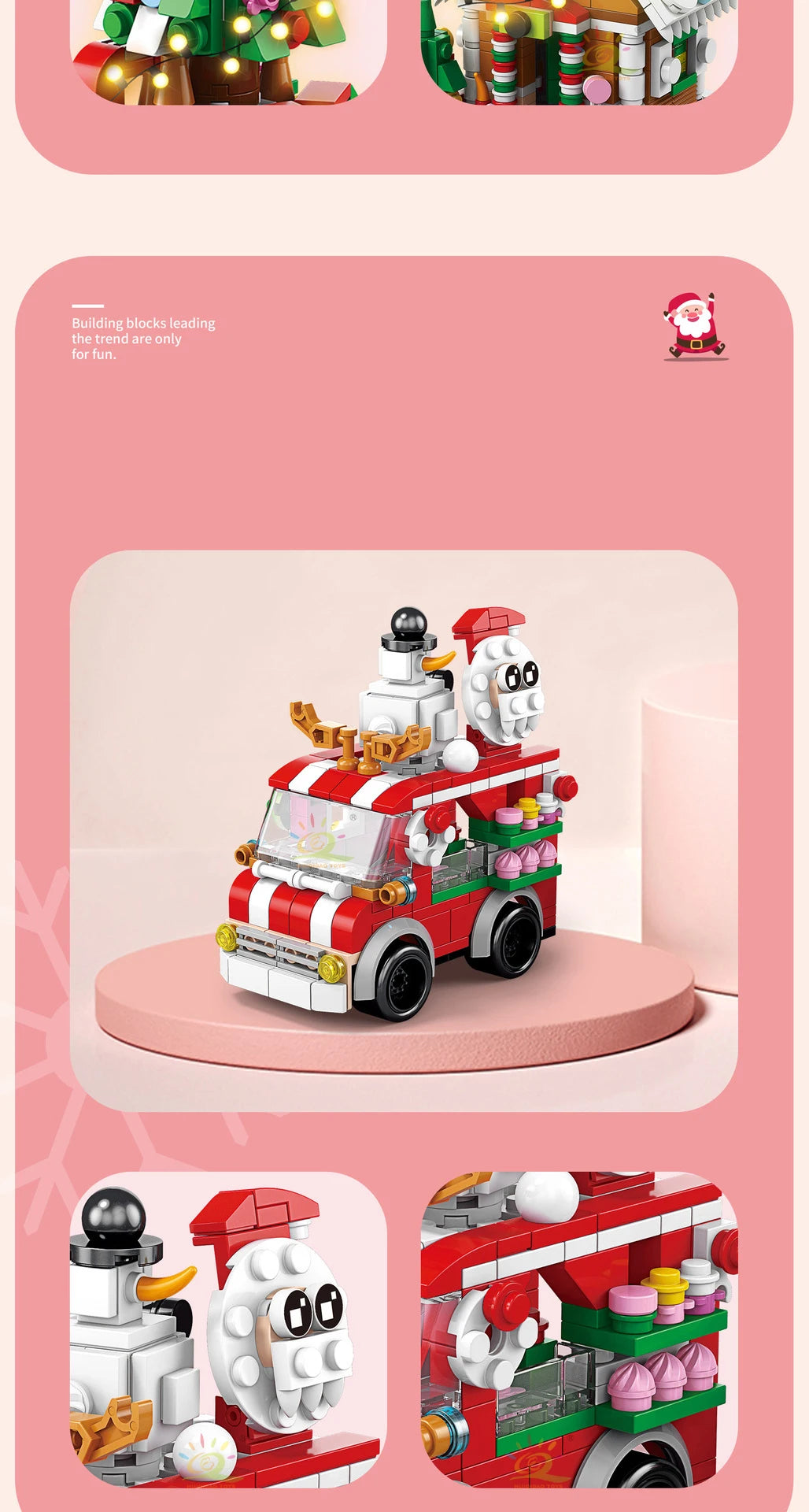A red building block set featuring a snow house, Santa, and deer figures.