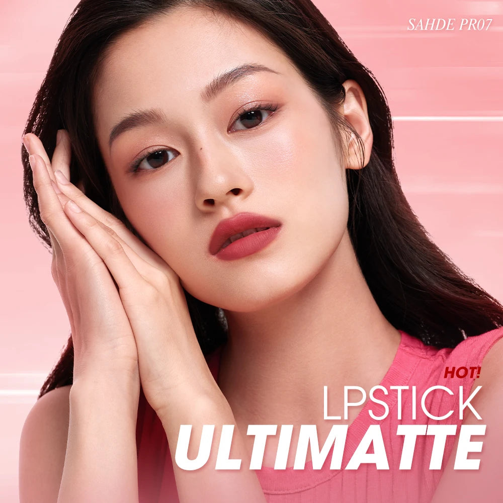 Close-up of a woman applying lipstick, showcasing the Long-Lasting Matte Lip Tint with Hydrating Color Lock product.