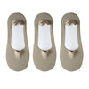 Three pairs of beige silicone grip no-show socks displayed side by side.