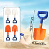 A set of orange and white plastic excavation shovels and a pink scoop are shown on sand.