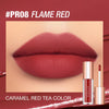 A tube of OTWO Long-Lasting Matte Lip Tint in Flame Red and Caramel Red Tea Color is shown against a red background.