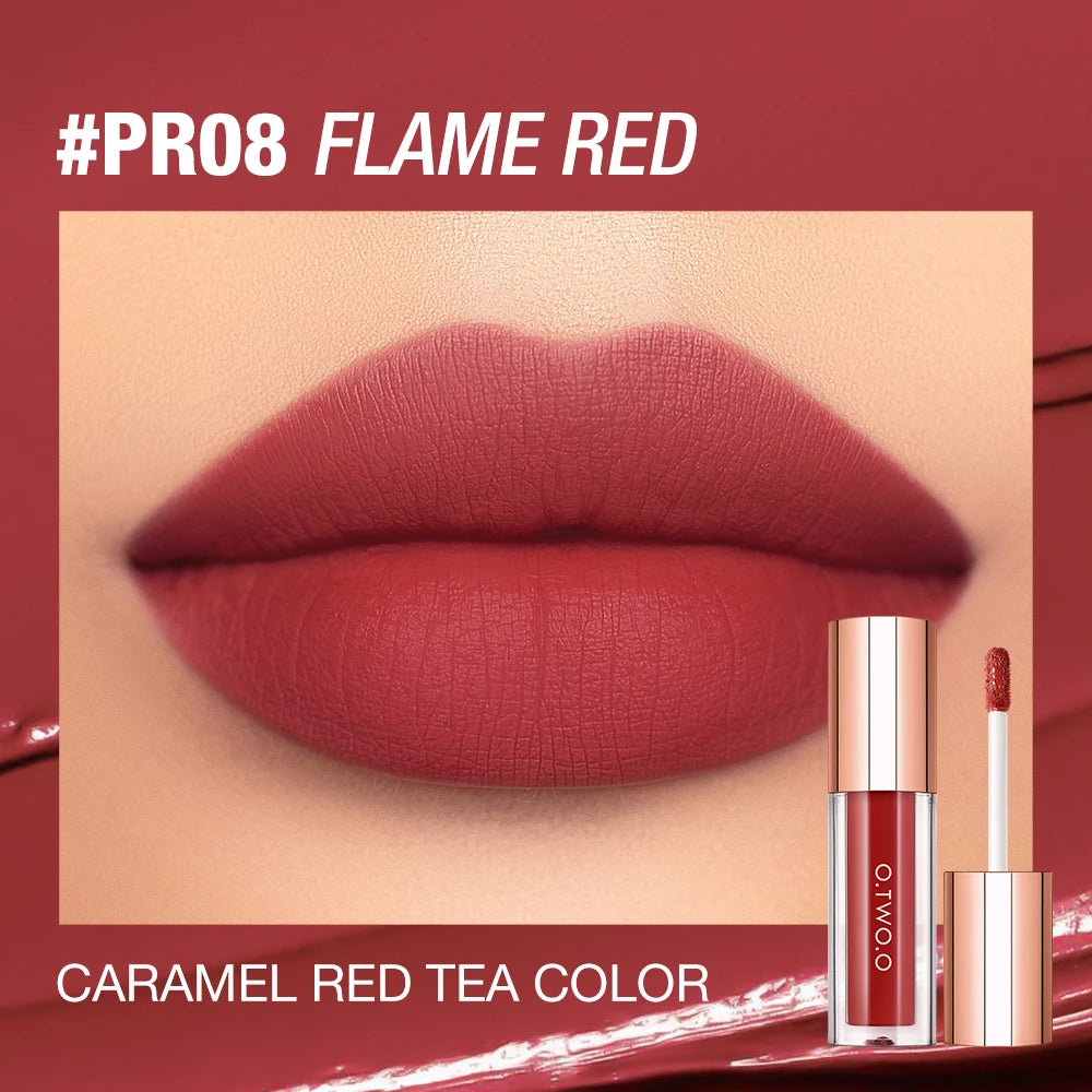A tube of OTWO Long-Lasting Matte Lip Tint in Flame Red and Caramel Red Tea Color is shown against a red background.