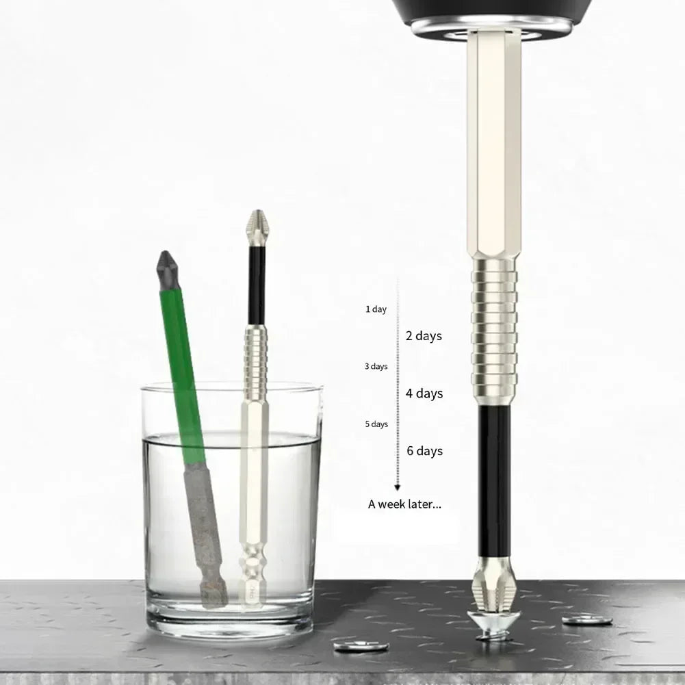 A magnetic PH2 screwdriver bit set with a 1/4 inch hex shank is shown next to a glass of water.