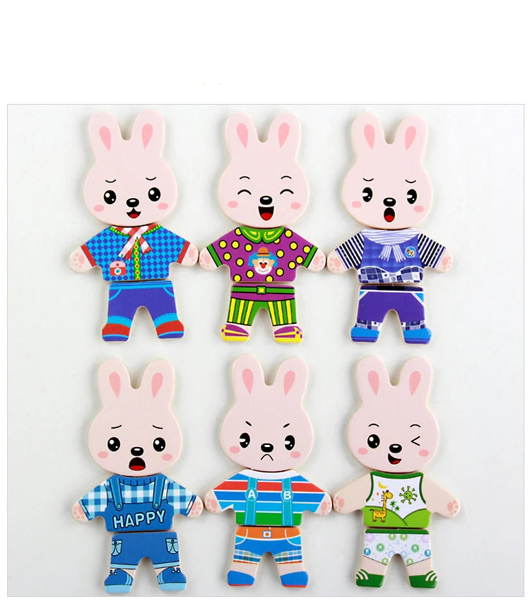 A set of four wooden puzzle dress-up bears for children, featuring different outfits and expressions.