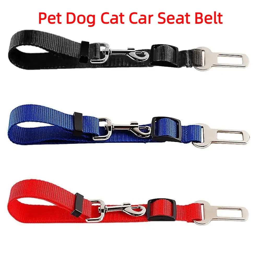 Tres cinturones o arneses de colores para perros y gatos, mostrados individualmente