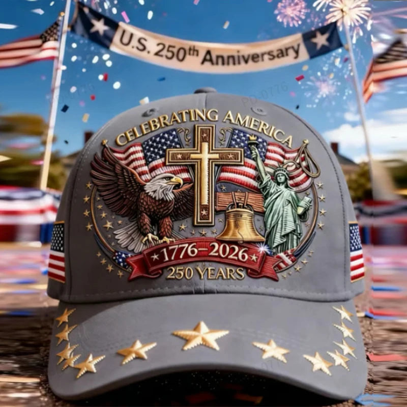 Gray baseball cap featuring an American eagle and a cross design with a liberty statue, celebrating the U.S. 250th anniversar