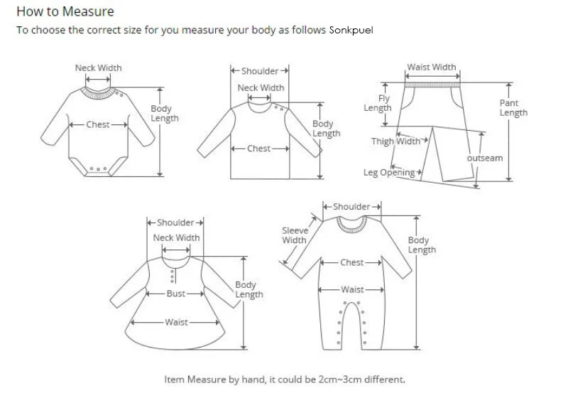 Diagram showing how to measure the body for choosing the correct size, including measurements for neck, chest, waist, and leg