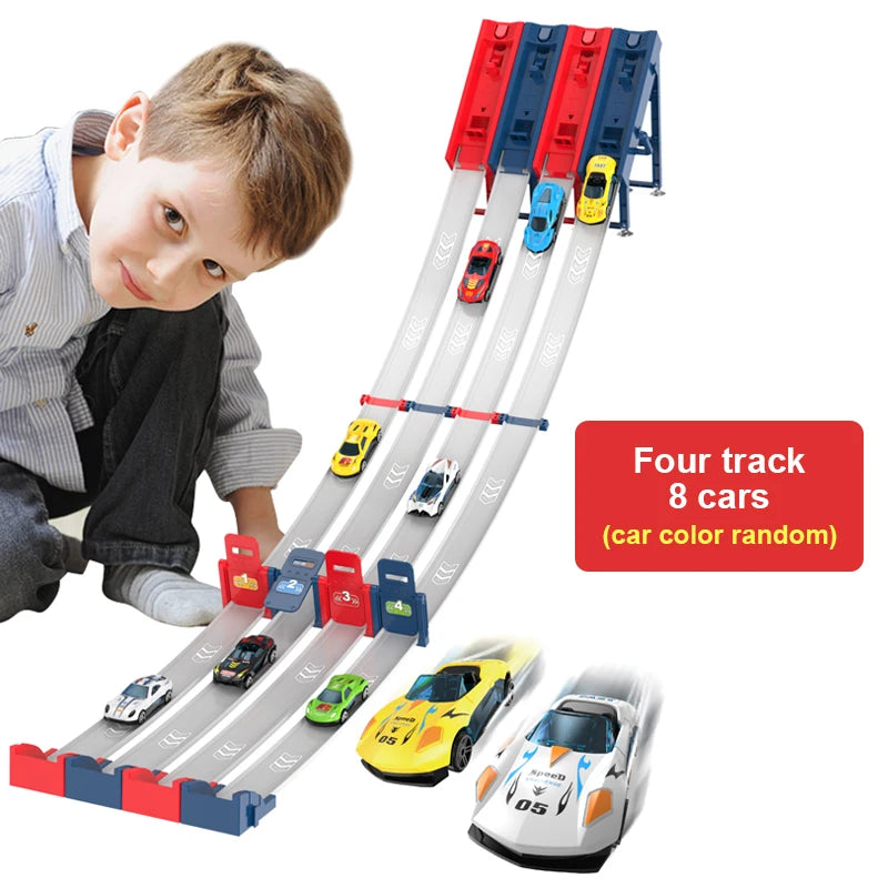 A wooden track set for racing cars with four launchers and eight cars, including a boy interacting with the product.