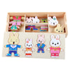 A wooden puzzle set featuring various bear and rabbit figures in colorful clothing and accessories.