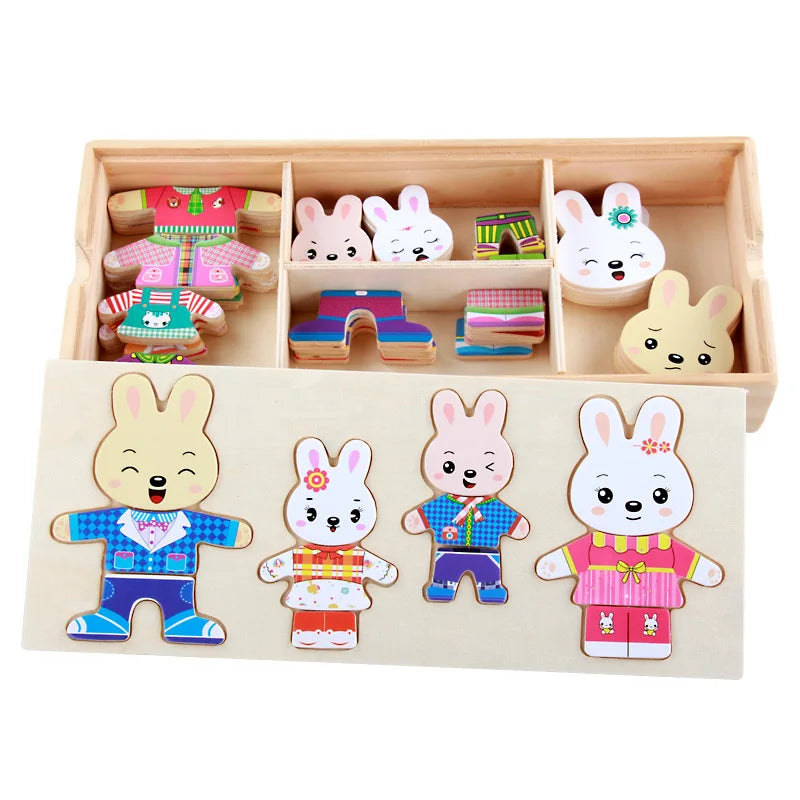 A wooden puzzle set featuring various bear and rabbit figures in colorful clothing and accessories.