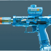 A blue electric water blaster with a shark-themed sight and sensor lights is shown in a profile view.