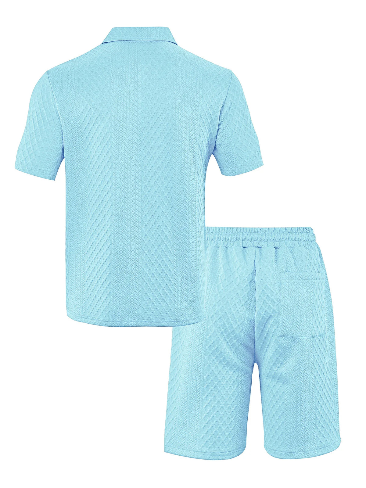 Light blue men's casual jacquard short-sleeve shirt and drawstring shorts set