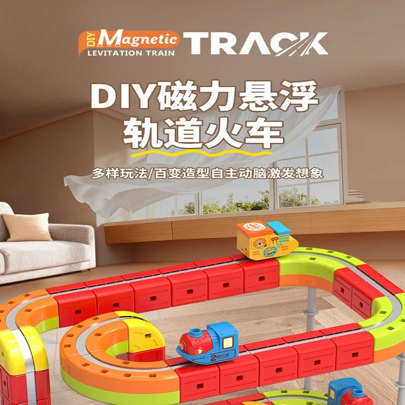 DIY Magnetic Levitation Train track building set with colorful red and yellow components