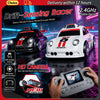 A white RC drift car is shown with a remote control and an attached HD camera, demonstrating its multi-mode features.