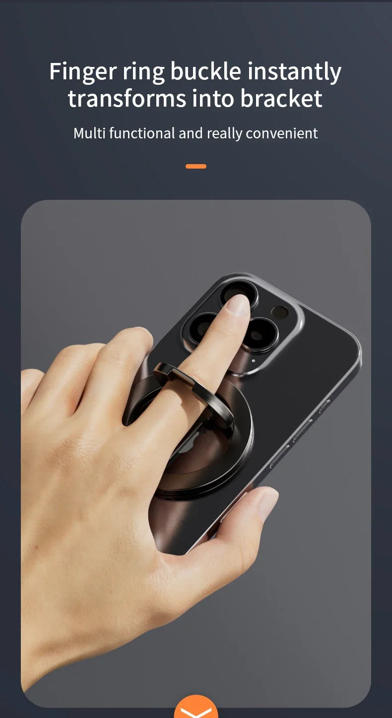 En hånd holder en mørk smarttelefon med en fingerringspenne festet, som viser transformasjonen til en brakett.